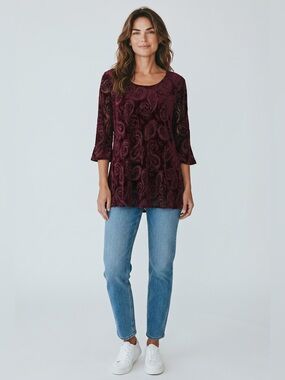 Sympli 3/4 Sleeve Paisley Velour Tunic // Purple // 10